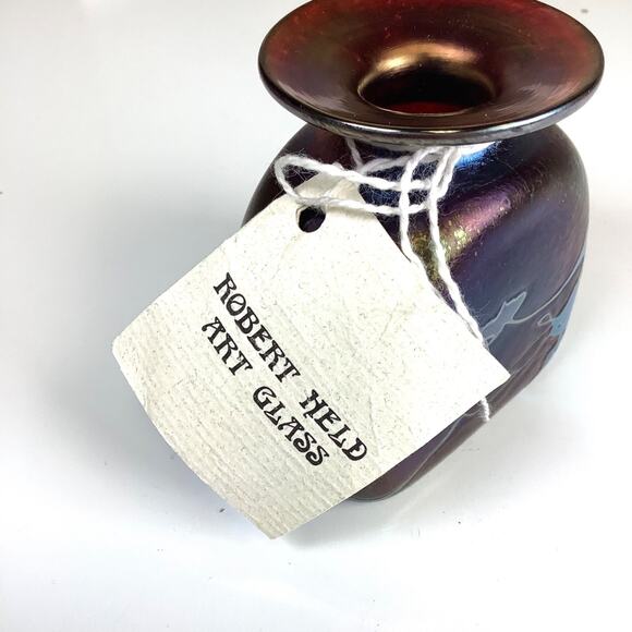 Robert Held Studio Signed Art Glass Vase Purple Swirl Iridescent w/Tag 3” High - Picture 10 of 13